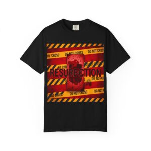 Resurrection Crime-Scene Tee — Graphic Horror T-Shirt with "Resurrection" Design